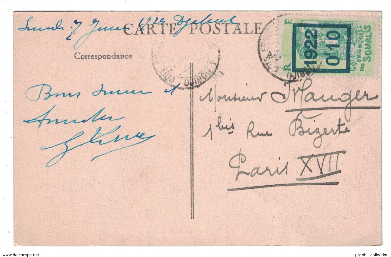 1924 - TIMBRE YT N° 101 SEUL SUR CARTE POSTALE CACHET DJIBOUTI COTE FRANÇAISE DES SOMALIS Pour PARIS - Lettres & Documents