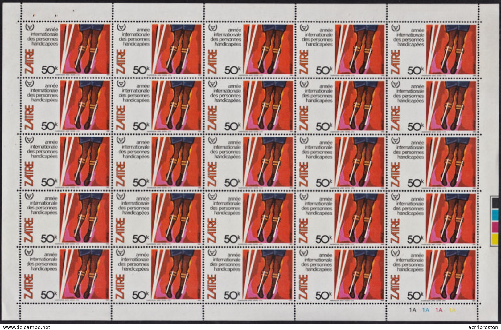 B5344 ZAIRE 1981, SG 1080, 50K Intl Year Of Disabled (Handicapés), MNH Complete Sheet - Ungebraucht