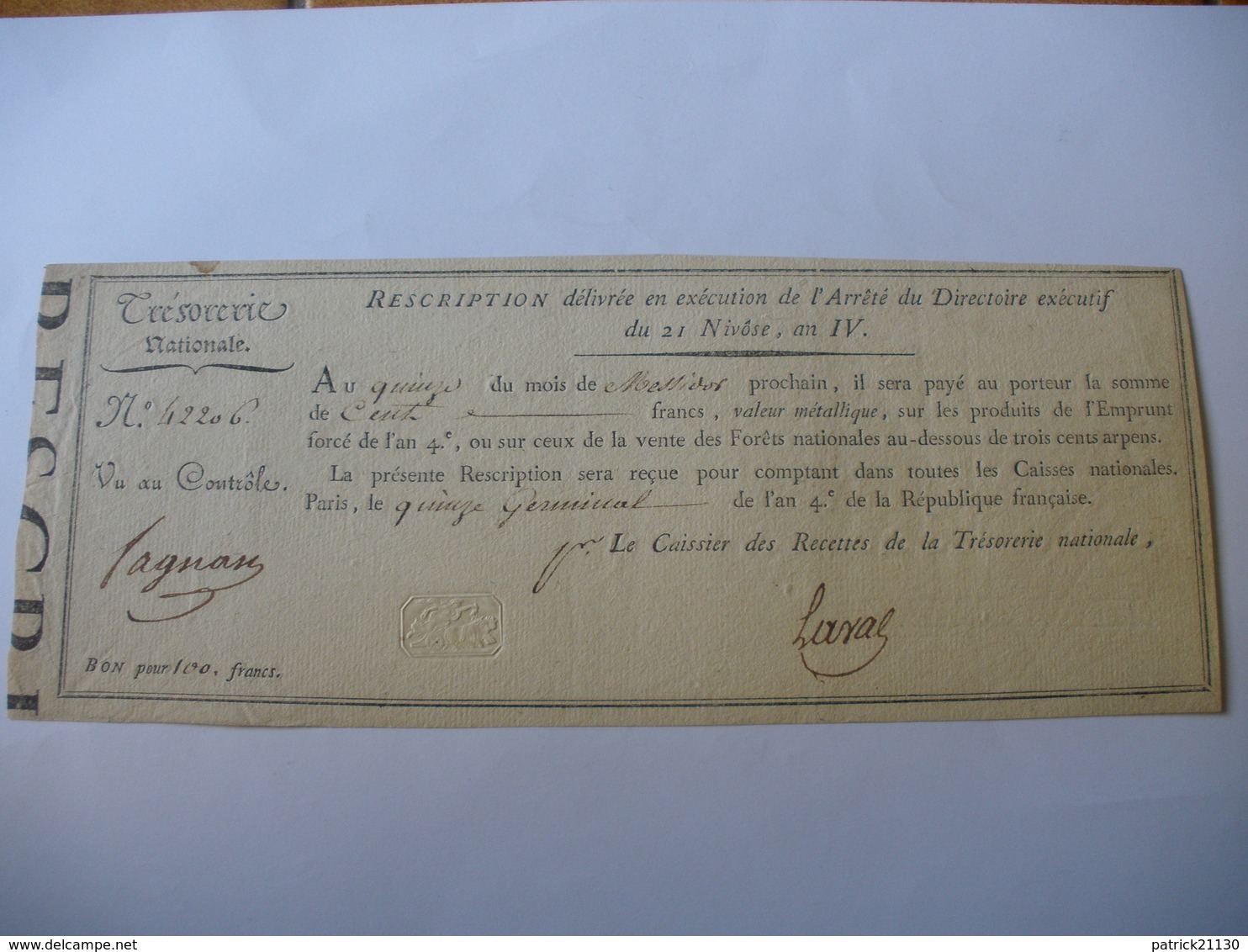 RARE RESCRIPTION SUR EMPRUNT FORCE DE 100 F AN 4 LAF 192 - Assignats