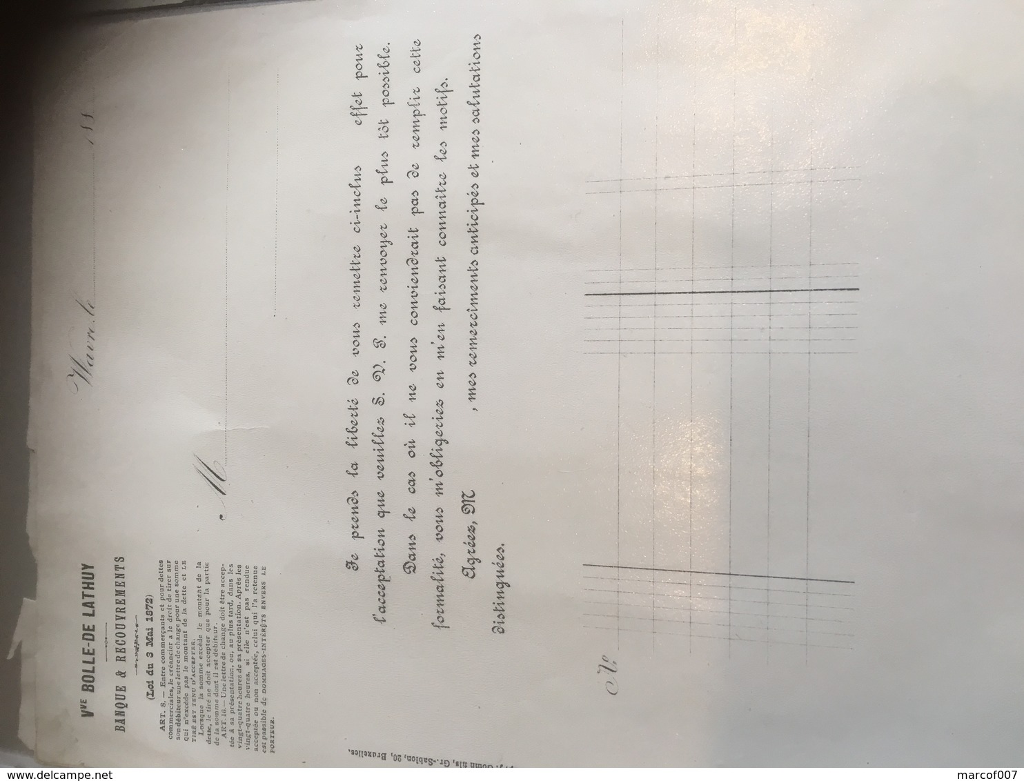 Facture Vierge Banque Et Recouvrement Vve BOLLE DE LATHUY - WAVRE - 1800 – 1899
