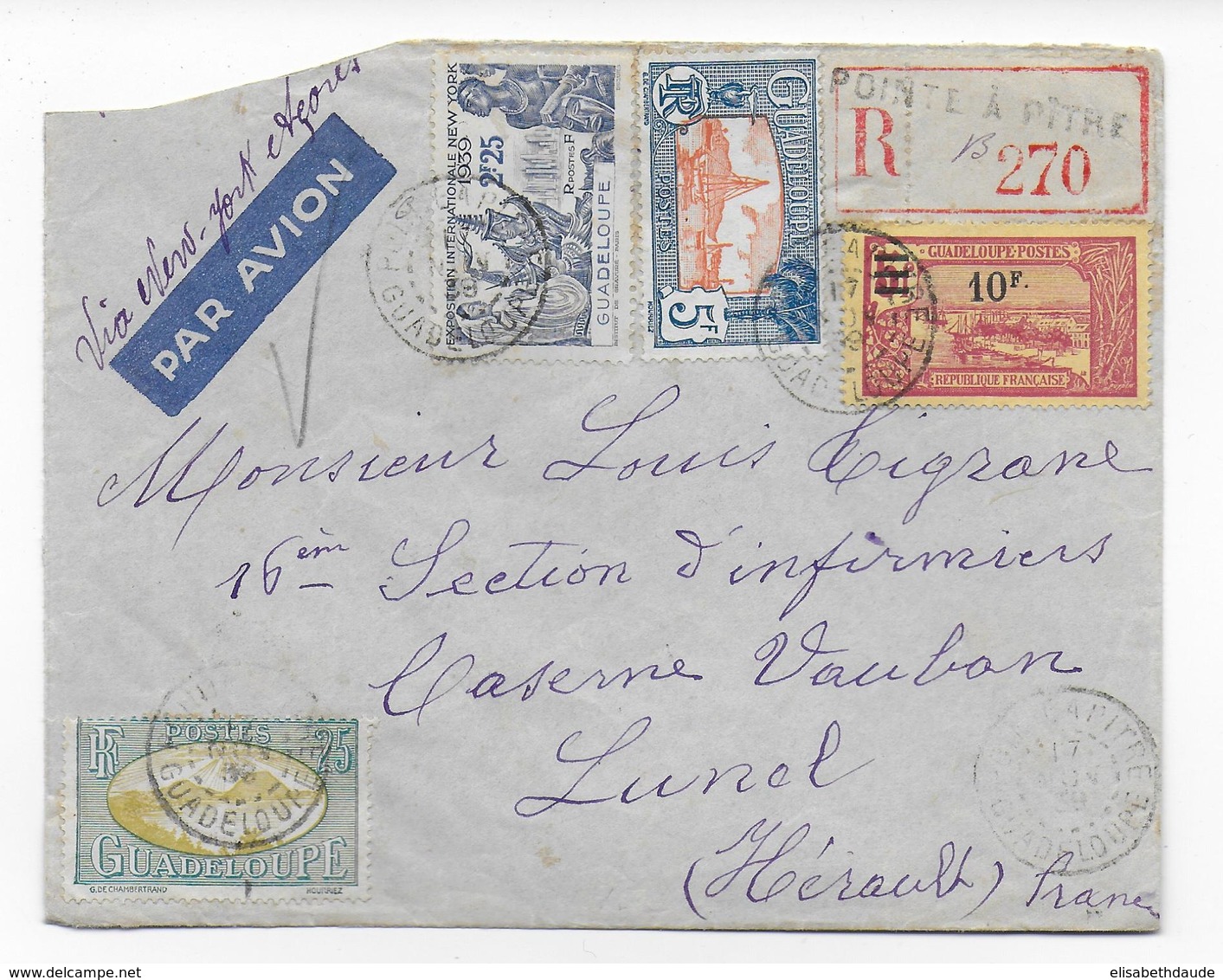 GUADELOUPE - 1939 - ENVELOPPE De POINTE à PITRE Par AVION Avec CENSURE => LUNEL - Storia Postale