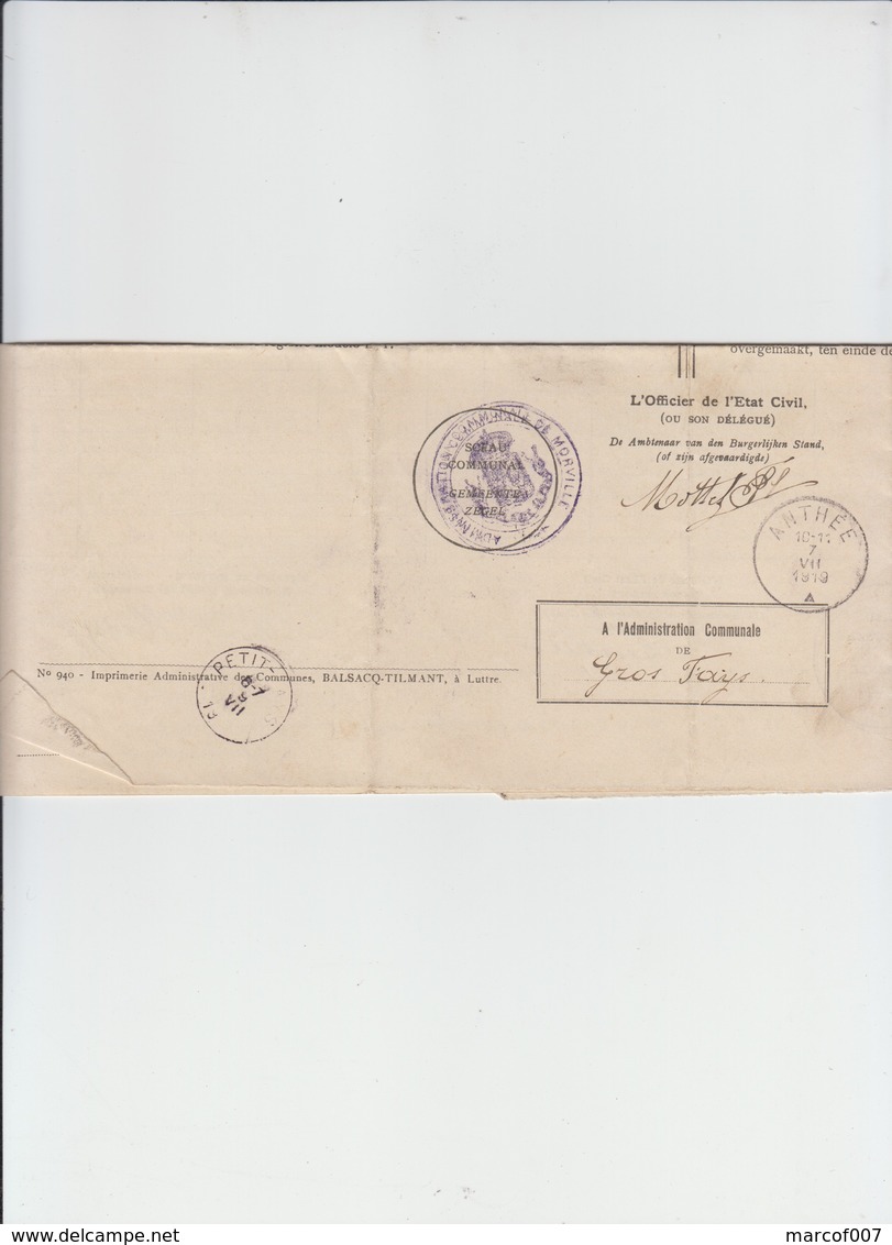 Document De Gros Fays - Petit Fays - Morville - Cachet Anthee - 1919 - Landelijks Post