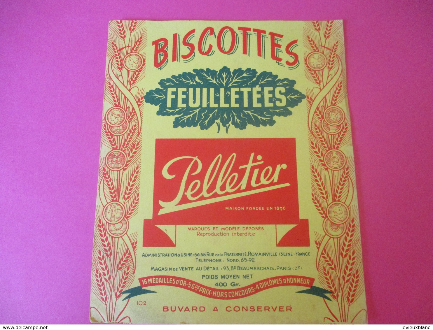 Buvard/Biscottes/  Pelletier/Biscottes Feuilletées/ ROMAINVILLE/(Seine)//Vers 1940-60  BUV388 - Bizcochos