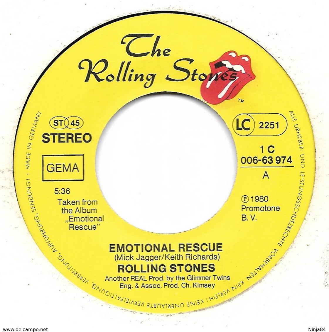 SP 45 RPM (7")   The Rolling Stones  "  Emotional Rescue  "  Allemagne - Rock