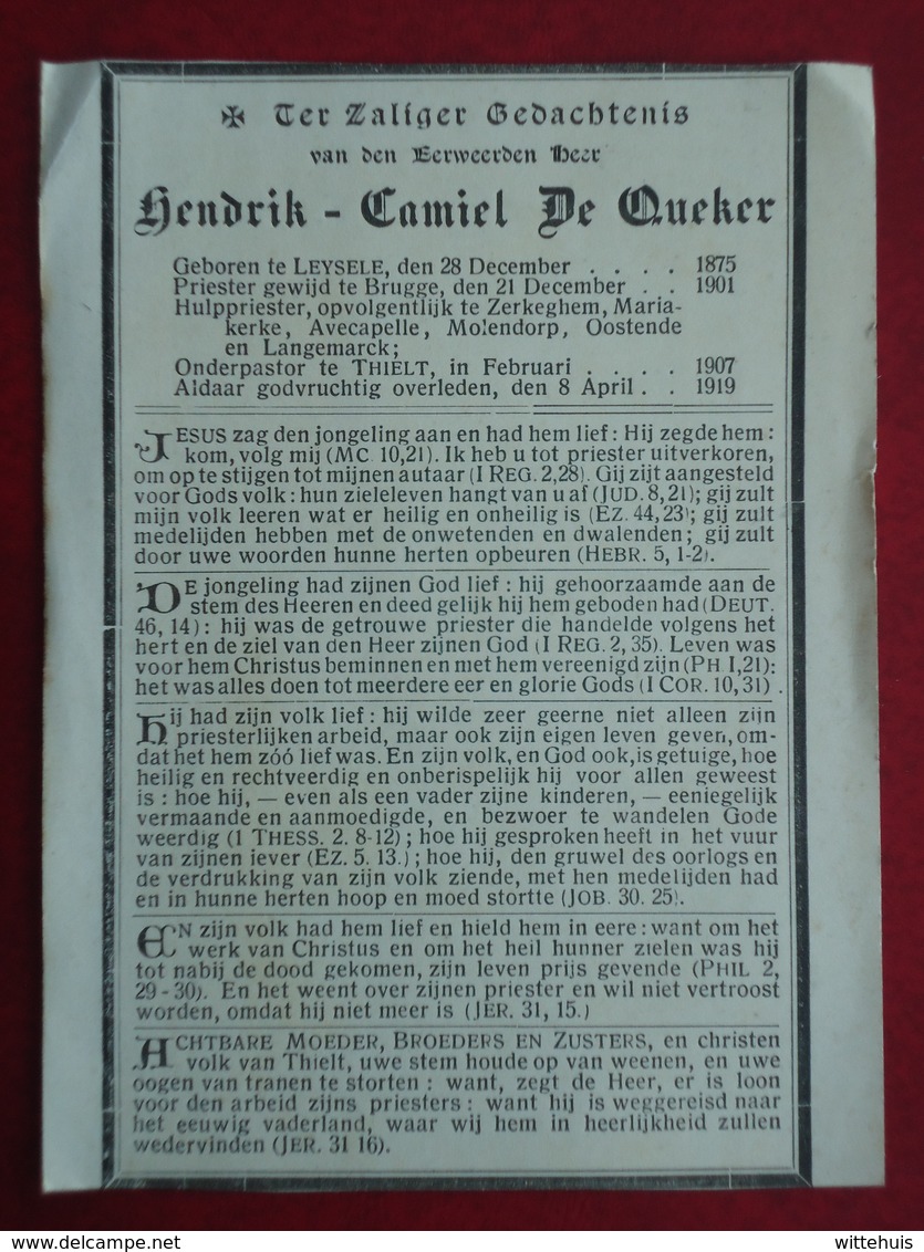 Eerweerden Heer Hendrik De Queker Geboren Te Leysele 1875 En  Overleden  Te Thielt 1919  (2scans) - Religion & Esotérisme