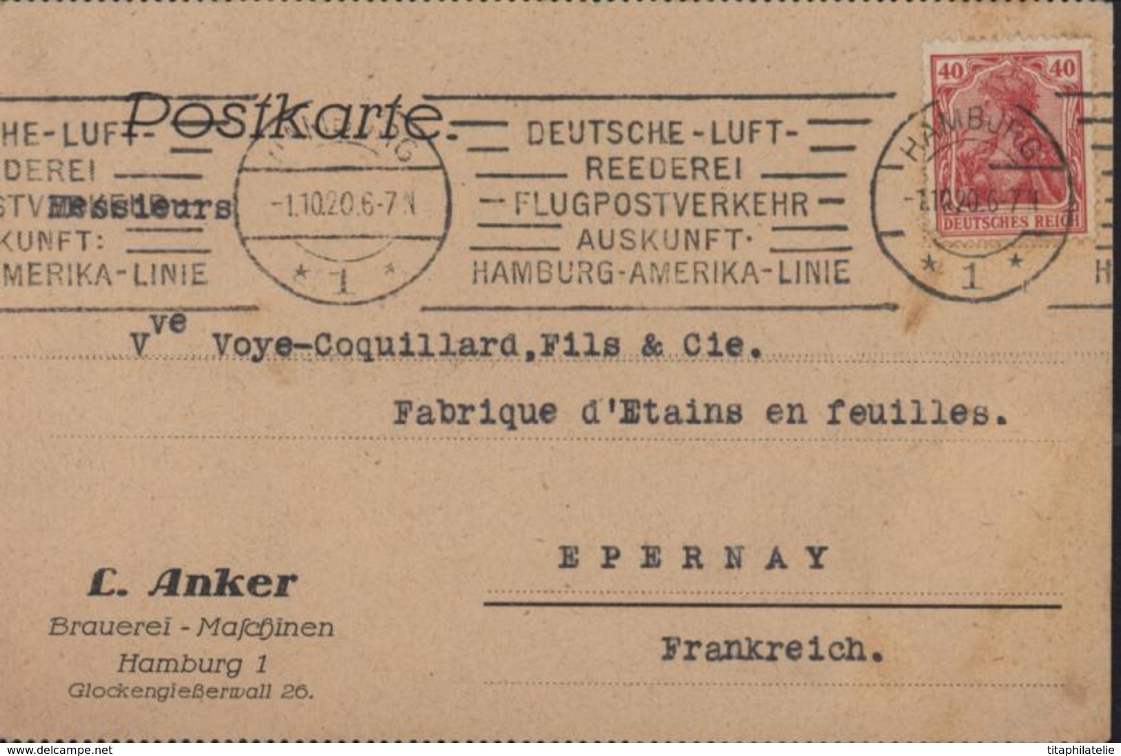 Germania YT 123 40 Pf CAD Hamburg 1 10 20 Flamme Deutsche Luft Reederei Flugpostverkehr Auskunft Hamburg Amerika Linie - Lettres & Documents