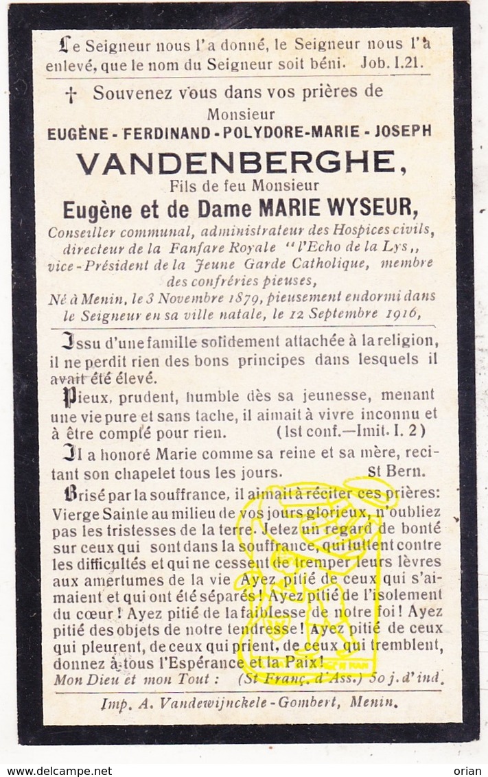 DP Gemeenteraadslid Directeur Fanfare L'Echo De La Lys - Eugène F. VandenBerghe ° Menen Menin 1879 † 1916 X M. Wyseur - Images Religieuses