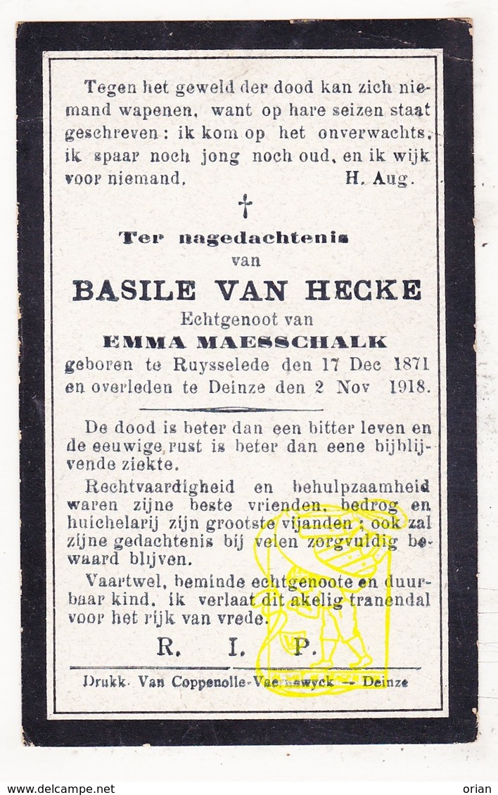 DP Basile Van Hecke ° Ruiselede 1871 † Deinze 1918 X Emma Maesschalk - Images Religieuses