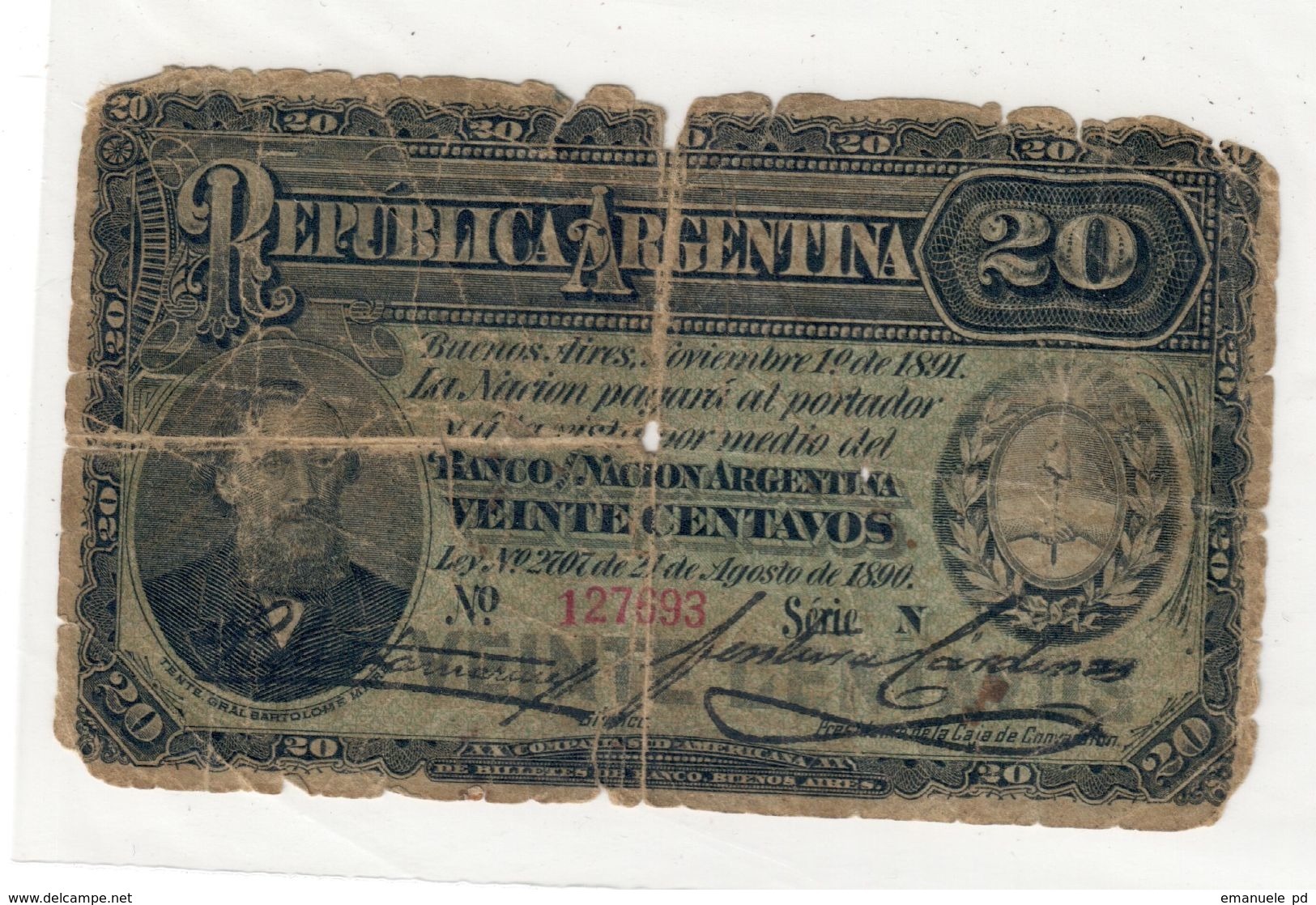 Argentina 20 Centavos 01/11/1891 - Argentine