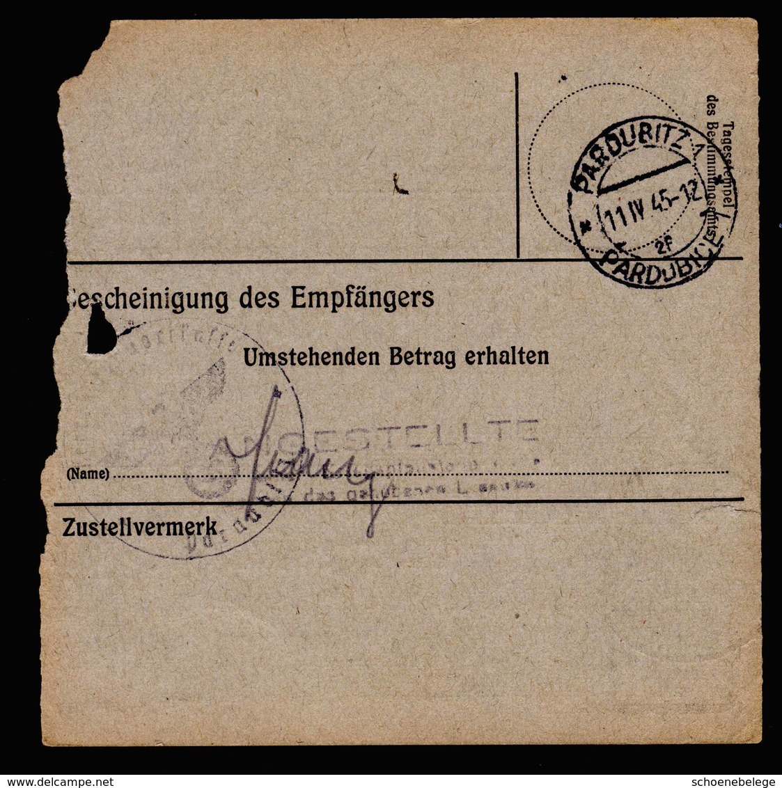 A5913) DR Feldpostanweisung ü. 1000 RM Fürstenwalde 03.04.45 N. Pardubitz - Briefe U. Dokumente