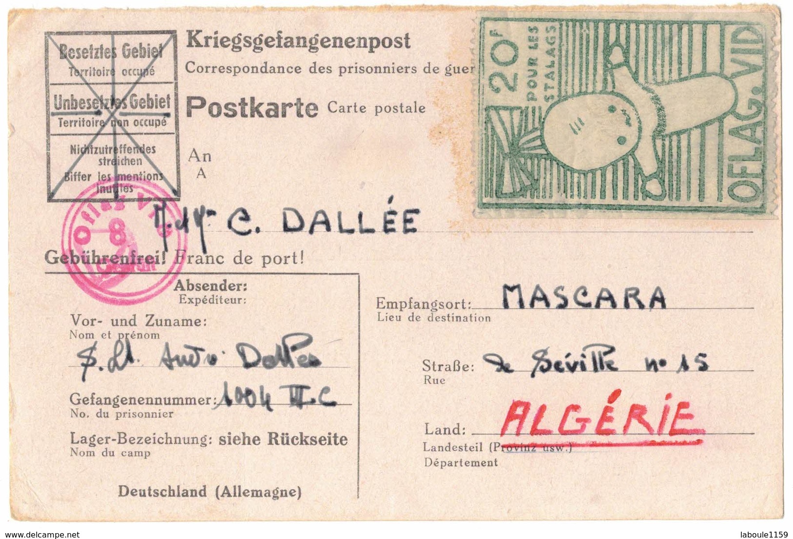 Kriegsgefangenenpost GUERRE CAMP MÜNSTER DALLEE Kriegsgefangenenlager OFLAG VI D VIGNETTE TIMBRE STALAG MASCARA ORAN - Guerre De 1939-45