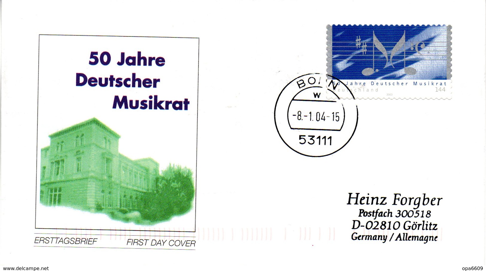 BRD Schmuck-FDC  "50 Jahre Deutscher Musikrat", Mi. 2380 Selbstklebend ETSt 8.1.2004 BONN - Sonstige & Ohne Zuordnung