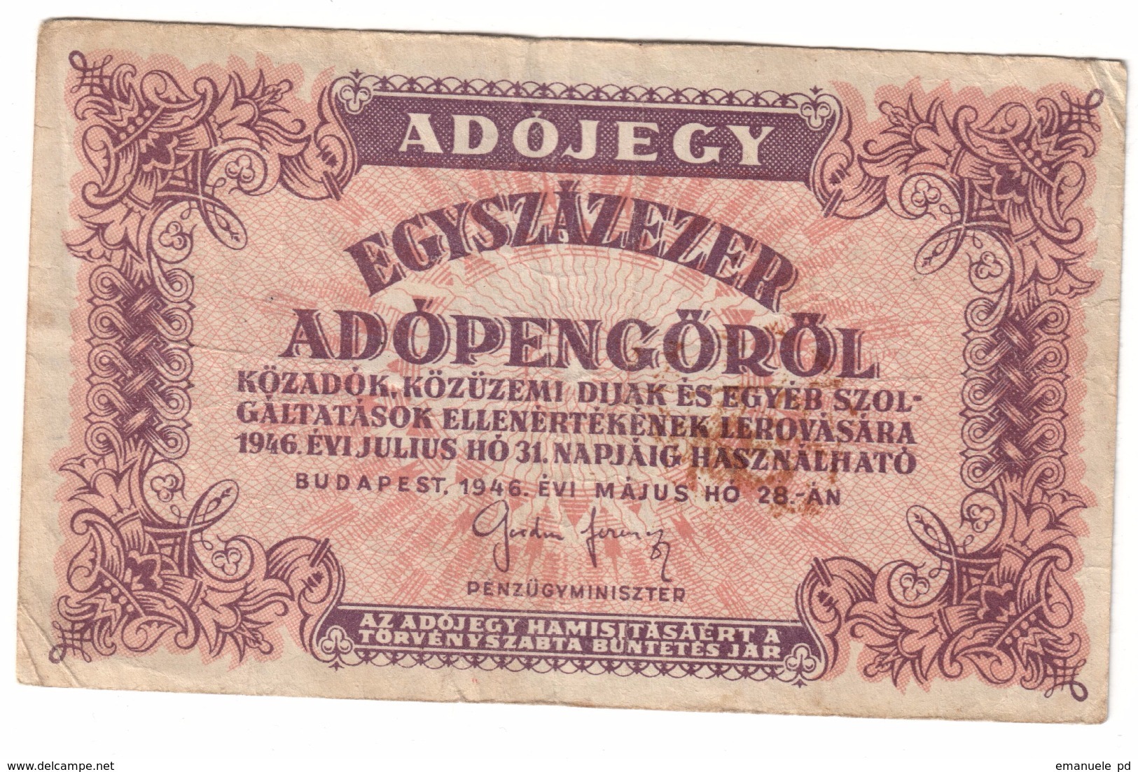 Hungary 100000 Pengo 28/05/1946 *V* - Hungary