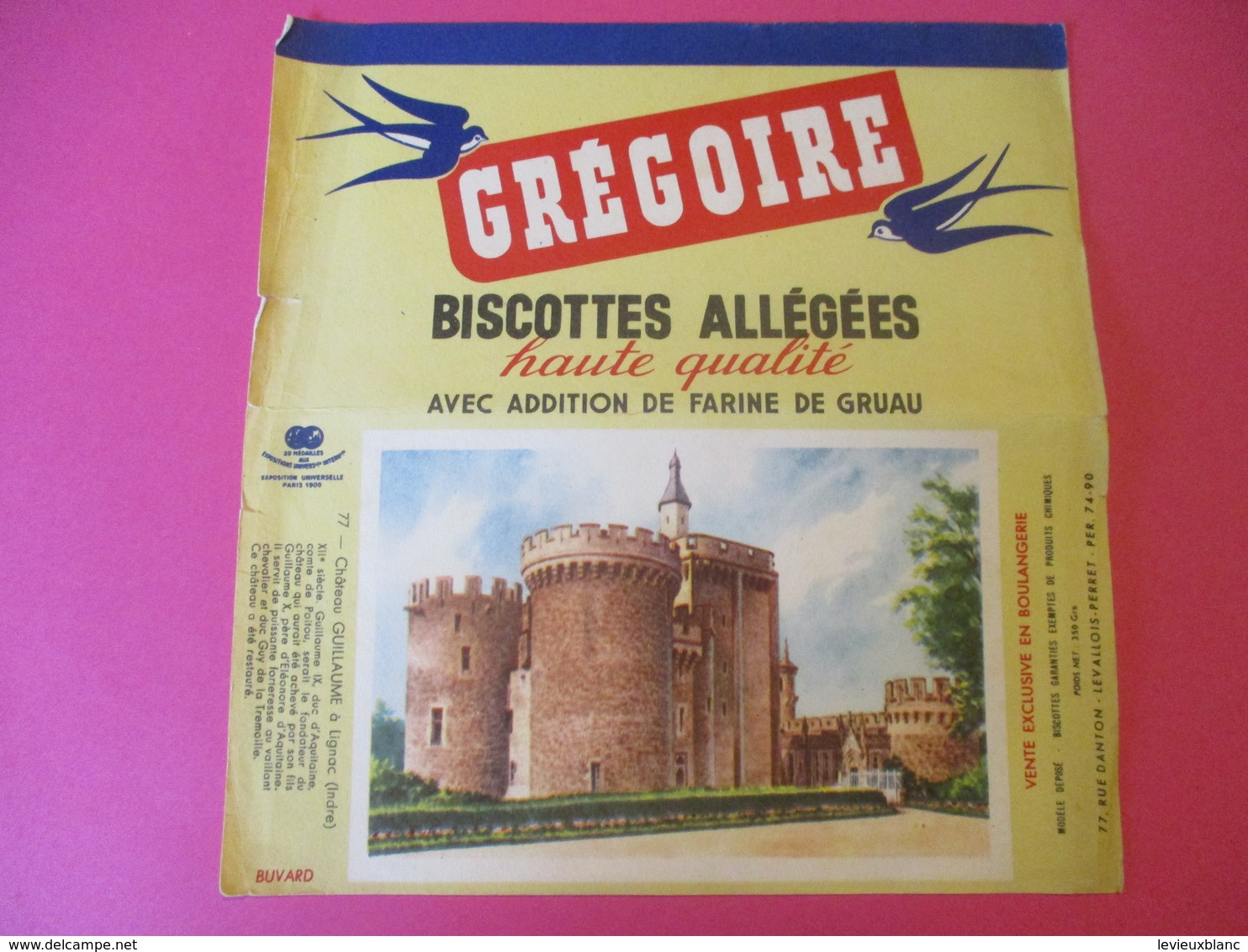 Buvard/Biscottes/GREGOIRE/Biscottes Allégées/Farine De Gruau/Château Lignac/Indre/Levallois-Perret//Vers 1940-60  BUV400 - Biscotti