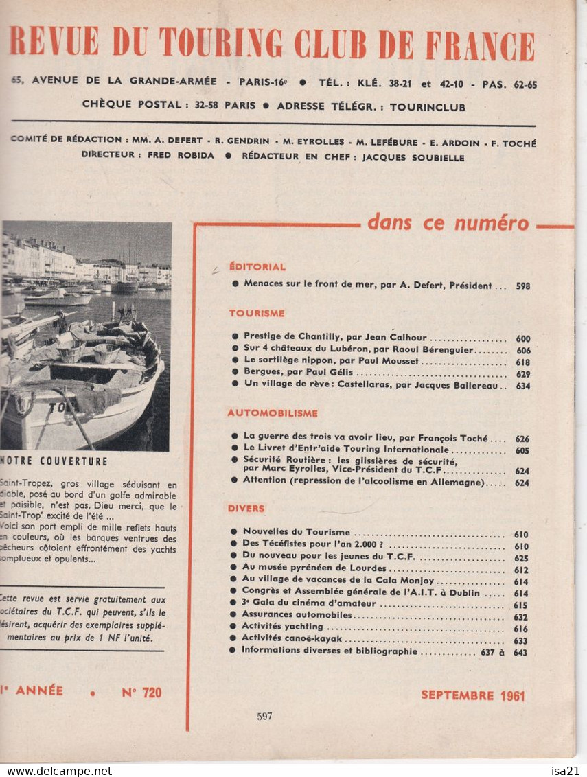 La Revue Du Touring Club 1961 Septembre: Saint Tropez Le Port, Chantilly, 4 Châteaux Du Lubéron, Bergues, Le Japon. - Tourisme & Régions