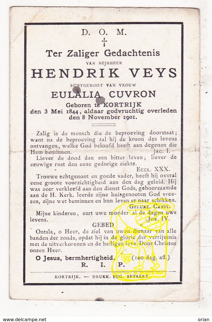 DP Hendrik Veys ° Kortrijk 1844 † 1901 X Eulalie Cuvron - Images Religieuses