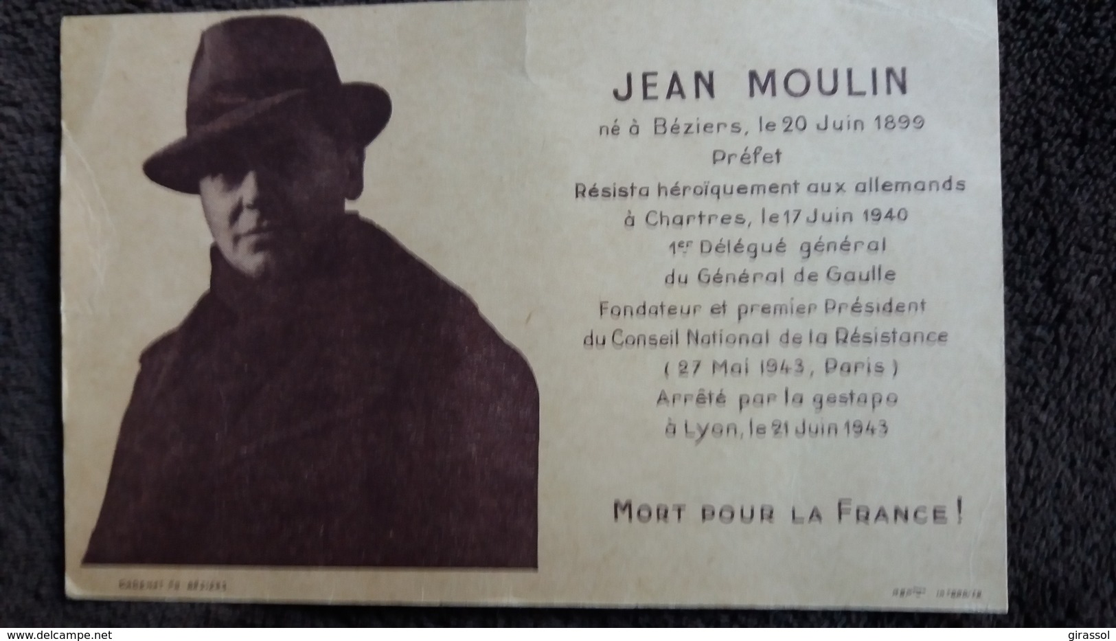 CPA JEAN MOULIN RESISTANT NE A BEZIERS MORT POUR LA FRANCE - Personnages Historiques