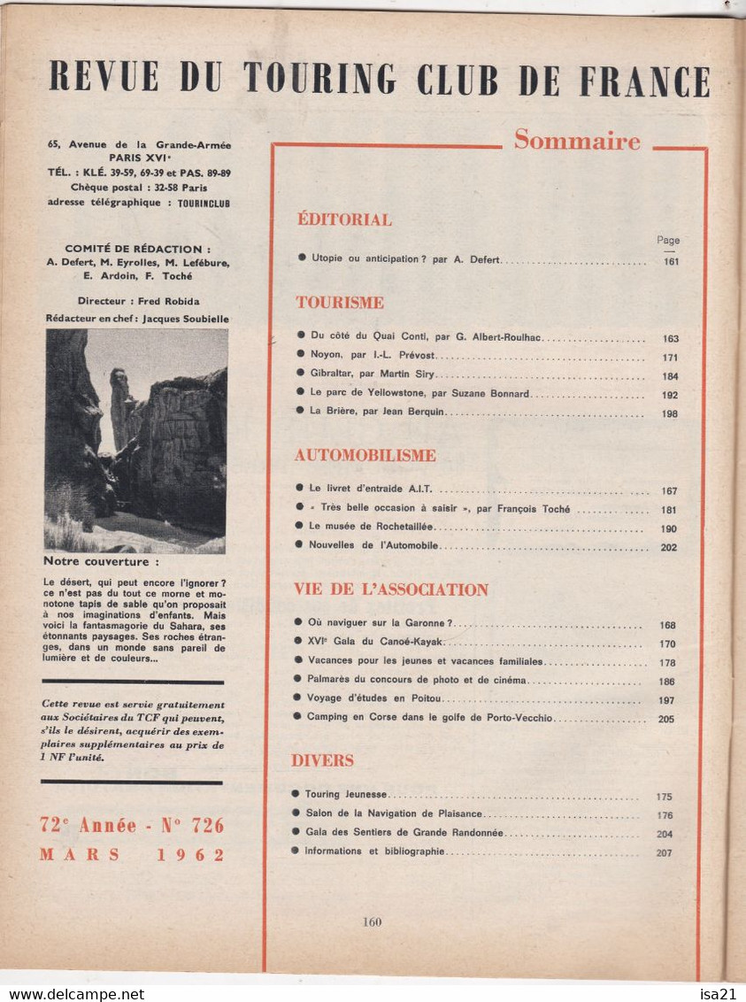 La Revue Du Touring Club 1962 Mars: Guelta Dans L'Oued Tamrit Au Sahara, Quai Conti, NOYON, Gibraltar, Yellowstone - Tourisme & Régions