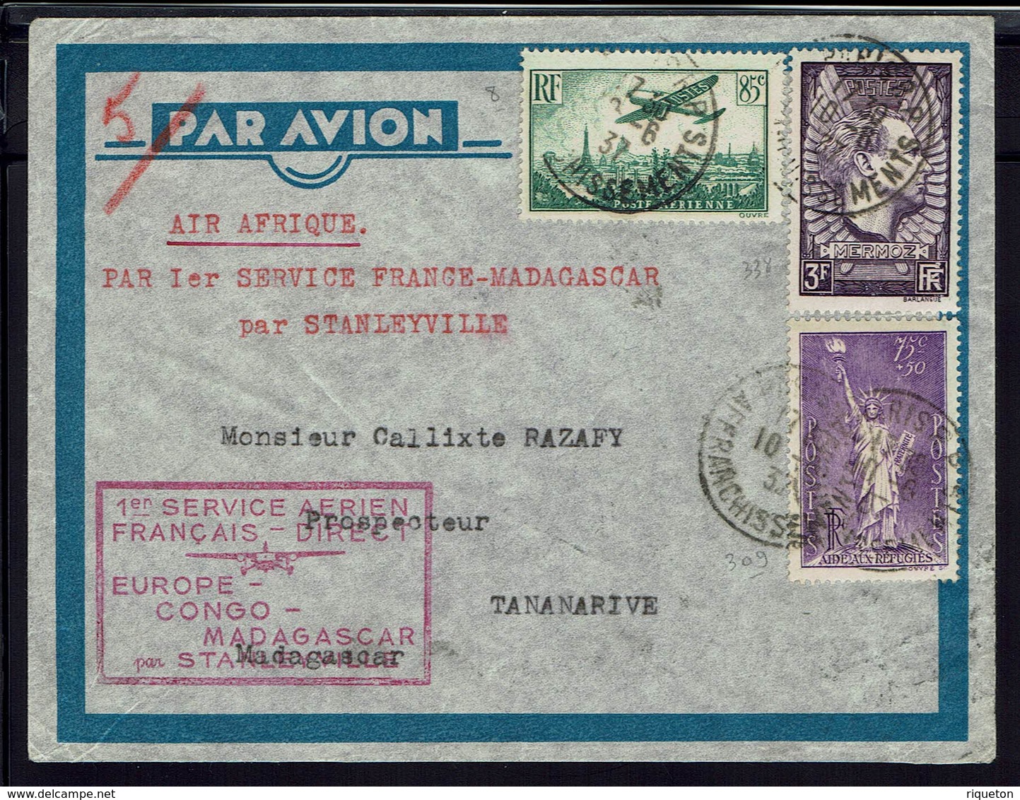 FR - 1937 "1er Service Aérien Air Afrique France Madagascar" N° 309 + 338 + PA 8 Sur Enveloppe De Paris Pour Tananarive. - 1960-.... Storia Postale