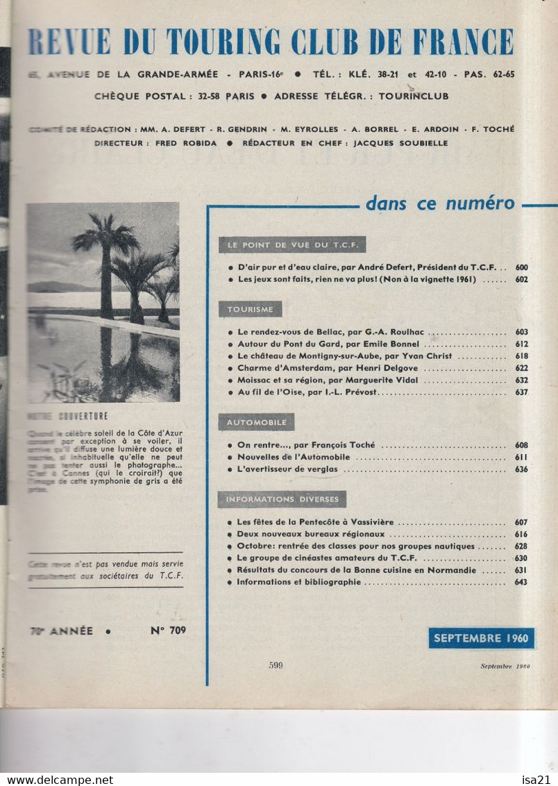 La Revue Du Touring Club 1960 Septembre: Bellac, Pont Du Gard, Montigny-sur-Aube, Amsterdam. Le Sommaire Est Scanné. - Tourisme & Régions