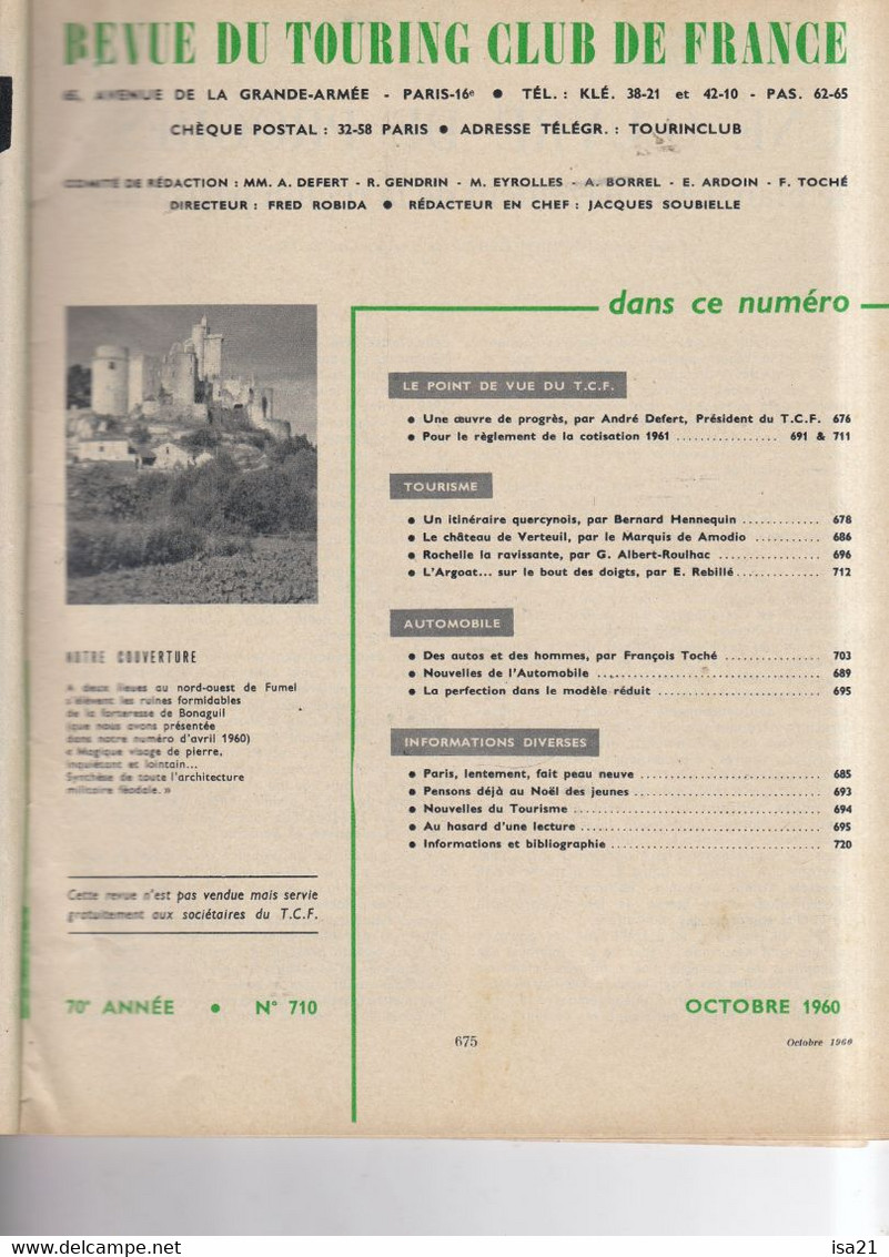 La Revue Du Touring Club 1960 Octobre: Bonaguil, Le Quercy, Verteuil, Rochelle, L'Argoat, Paris - Turismo Y Regiones