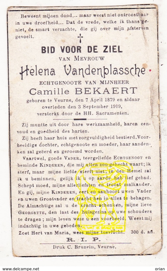DP Helena VandenPlassche ° Veurne 1879 † 1919 X Camille Bekaert - Images Religieuses