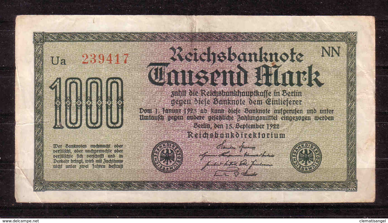 134d * REICHSBANKNOTE * 239417  * EIN TAUSEND MARK/1000 * GEBRAUCHT ** !! - 1.000 Mark