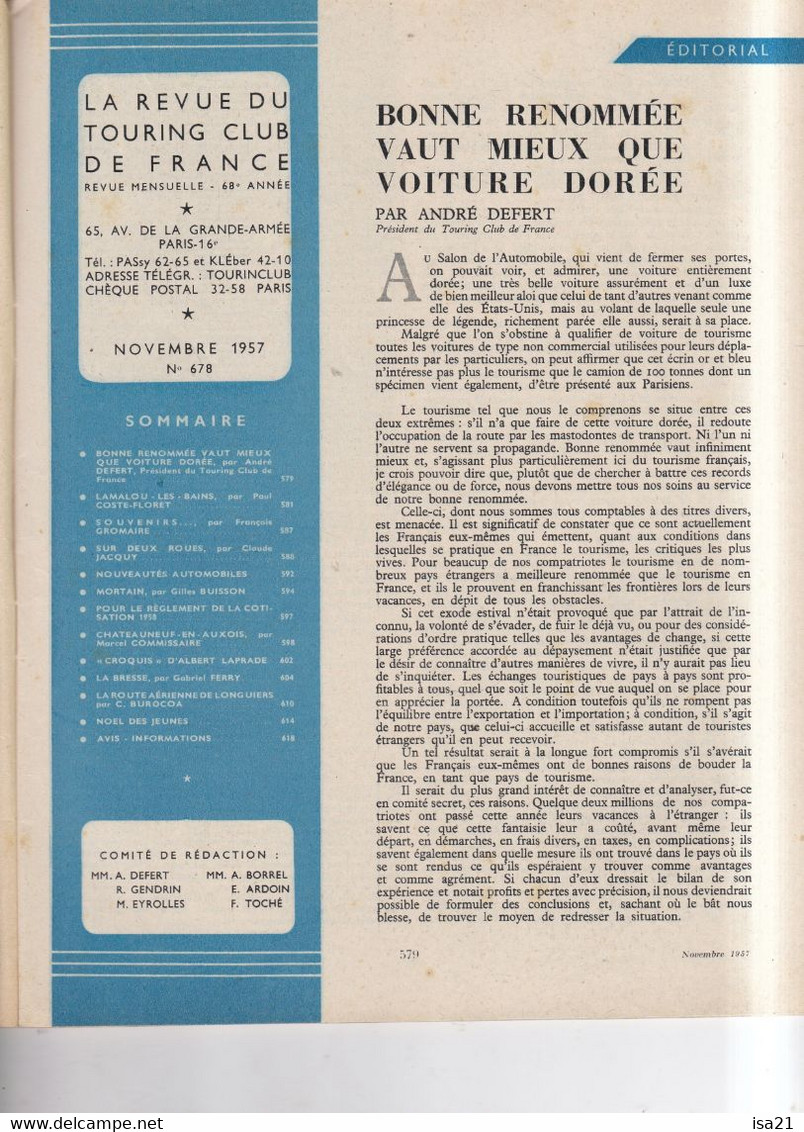 La Revue Du Touring Club 1957 Novembre: Aulnay De Saintonge, Lamalou Les Bains, Mortain, Chateauneuf En Auxois - Tourisme & Régions