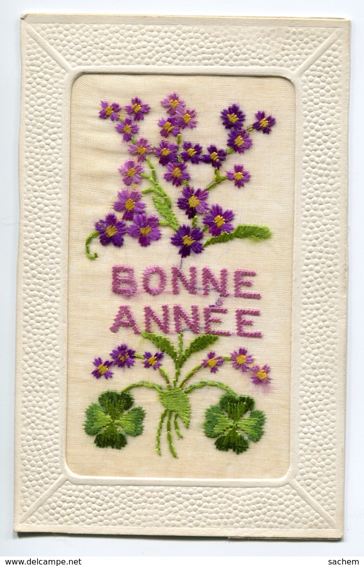 CARTE BRODEE Bonne Année Violettes   écrite      D01 2019 - Brodées