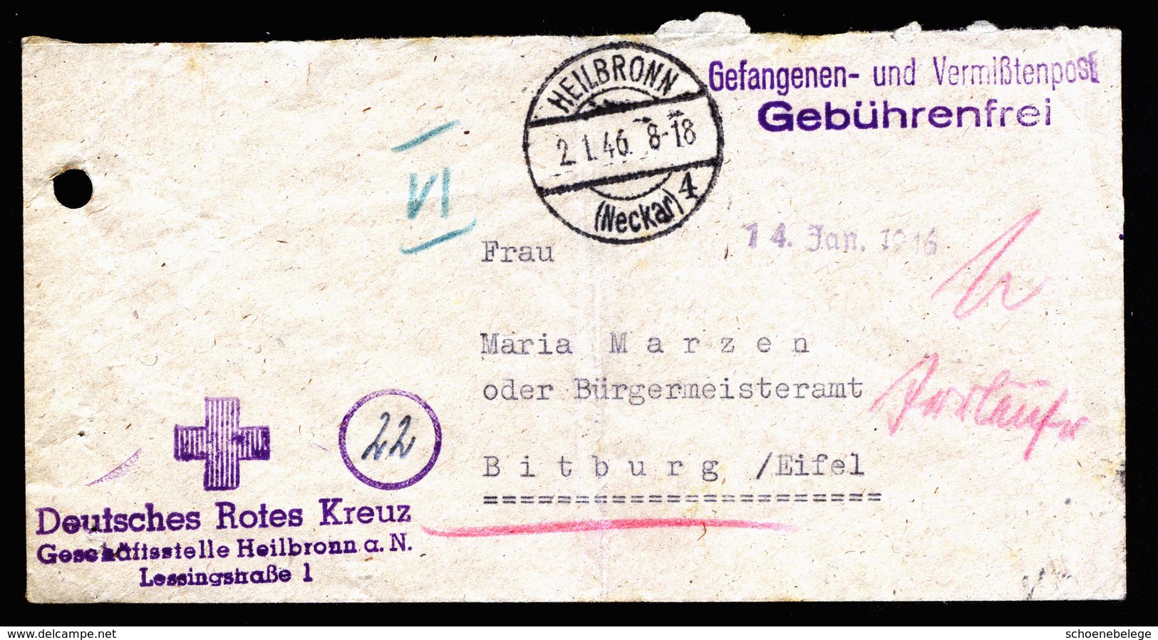 A5918) POW Kriegsgefangenenbrief Heilbronn 02.01.46 N. Bitburg - Sonstige & Ohne Zuordnung