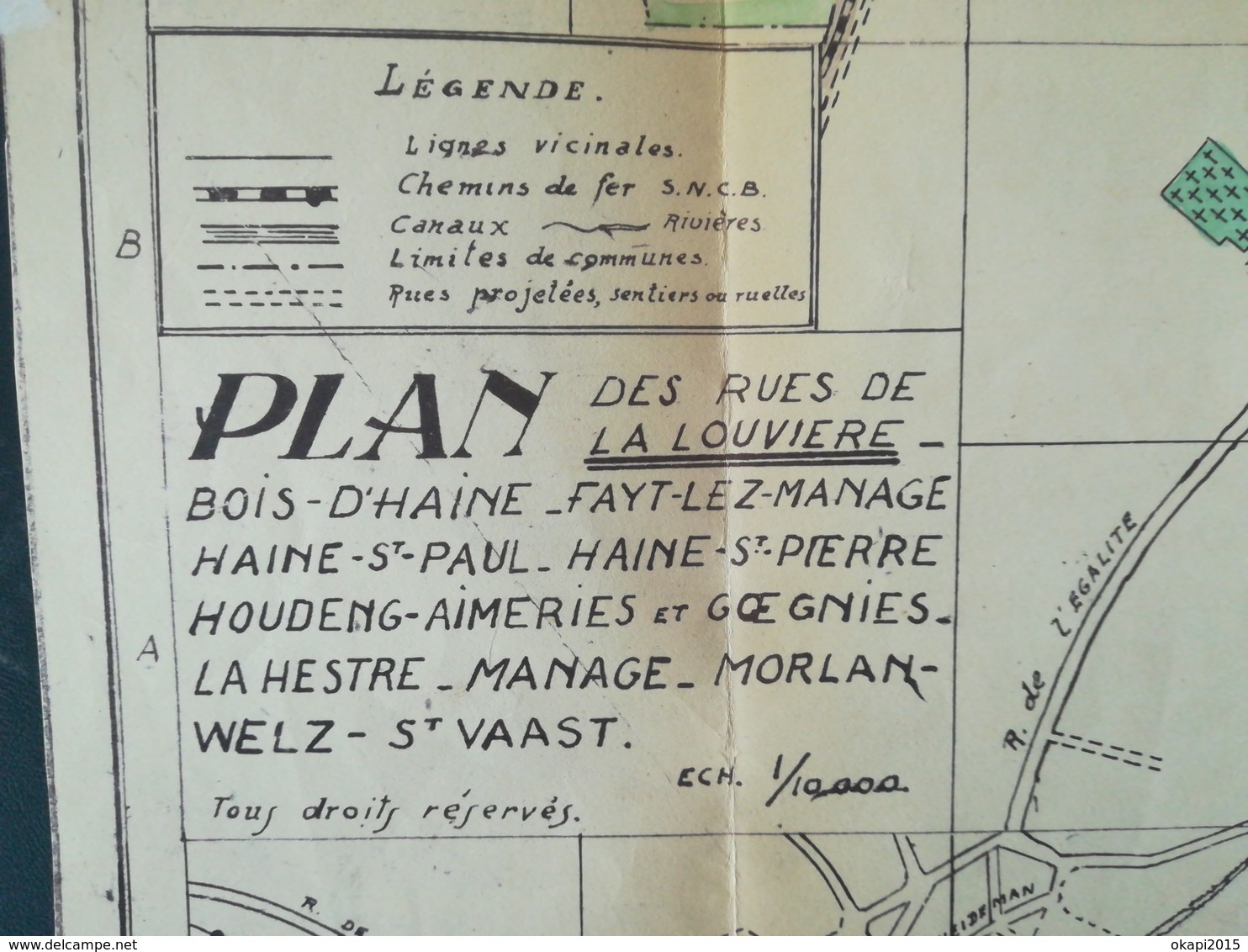 VIEUX PLAN DE LA LOUVIÈRE ET ENVIRONS  PAPIER JAUNI  COLLECTIONS CARTES PLAN DE VILLE