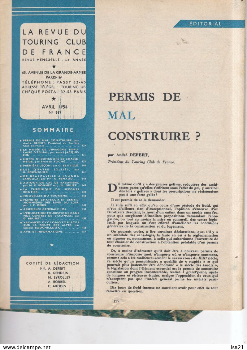 La Revue Du Touring Club 1954 Avril: Norécrin à Toussus, Images D'Epinal, Solliès, Angola, Vassiv Le Sommaire Est Scanné - Tourisme & Régions