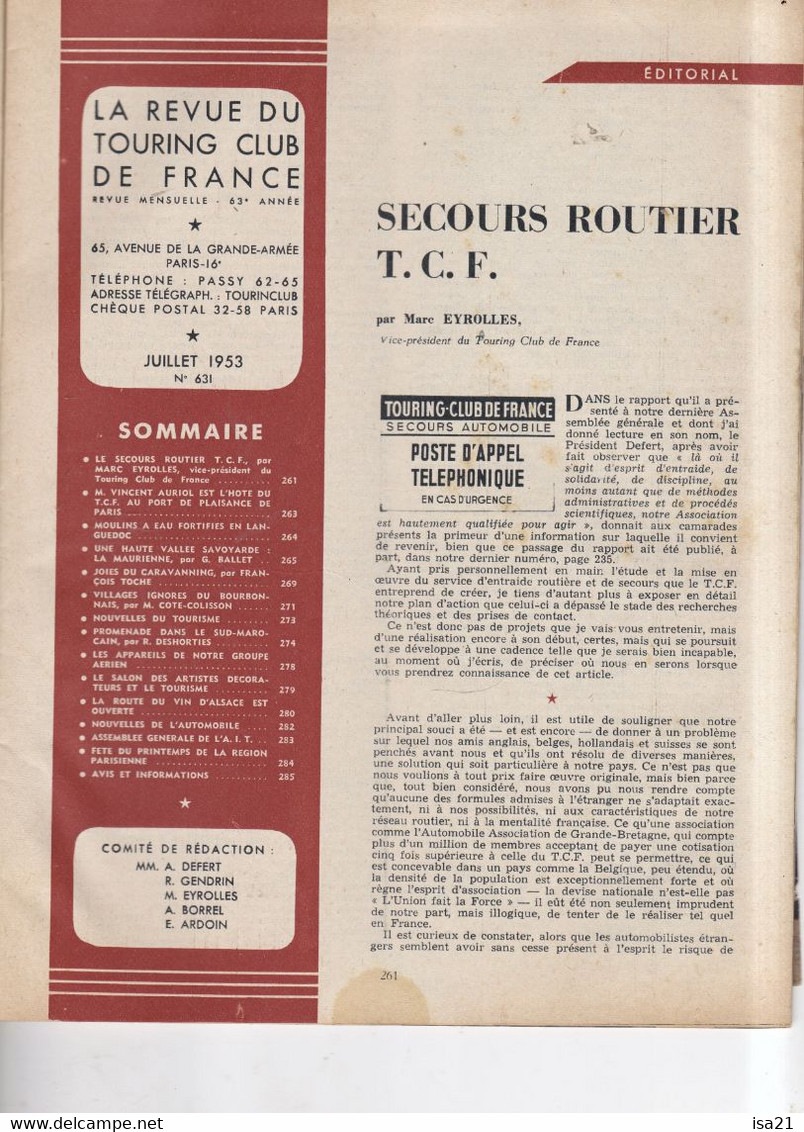 La Revue Du Touring Club 1953 Juillet, La Rochelle, Moulins Fortifiés En Languedoc, La Maurienne, Le Sommaire Est Scanné - Tourisme & Régions