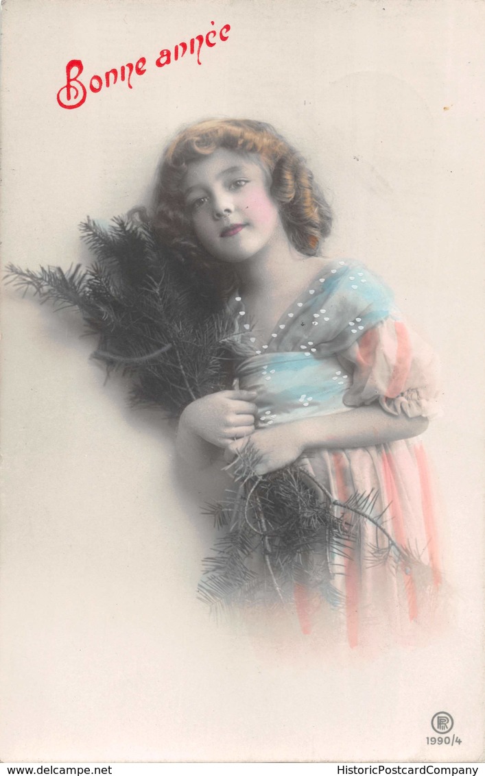 YOUNG GIRL-CURLY HAIR-BLUE & ORANGE DRESS-HOLDING FIR BOUGH-PHOTO BONNE ANNEE POSTCARD 39237 - Autres & Non Classés