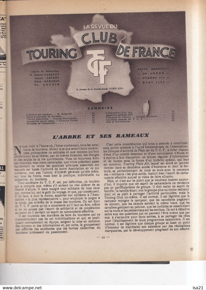 La Revue Du Touring Club 1948 Mars: Tunis Dans La Médina, L'arbre Et Ses Rameaux, Le Sommaire Est Scanné - 1900 - 1949