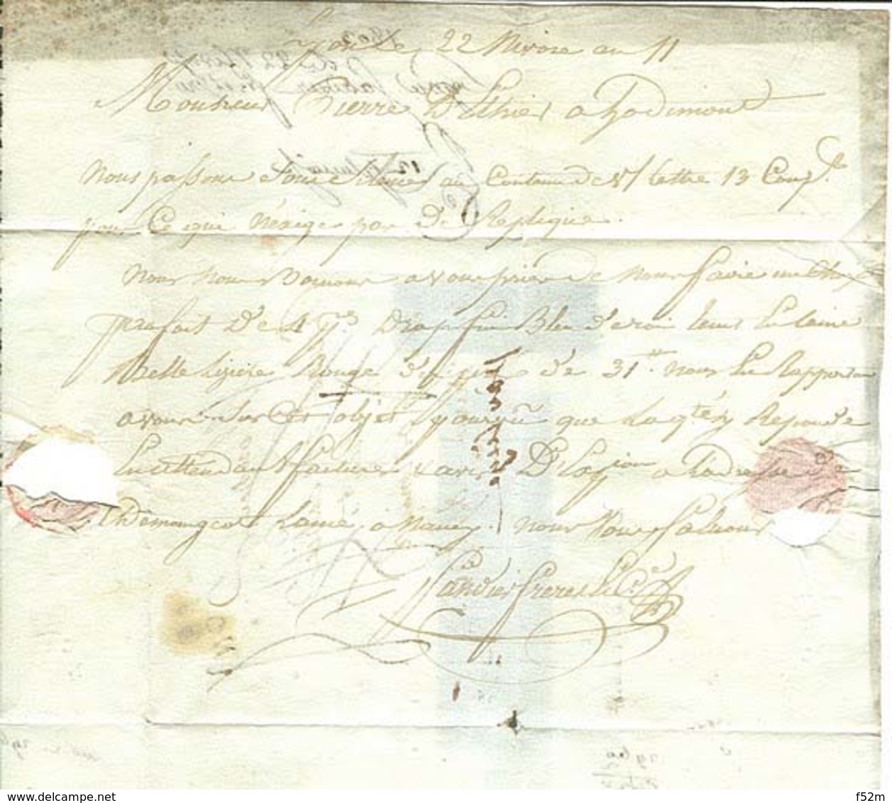 AISNE - LAC - DEB. VERVINS (44x9) Sur Lettre De Lyon (1803) Pour Sogimont Par Verviers (Belgique), Déboursé Non Signalé - 1701-1800: Précurseurs XVIII