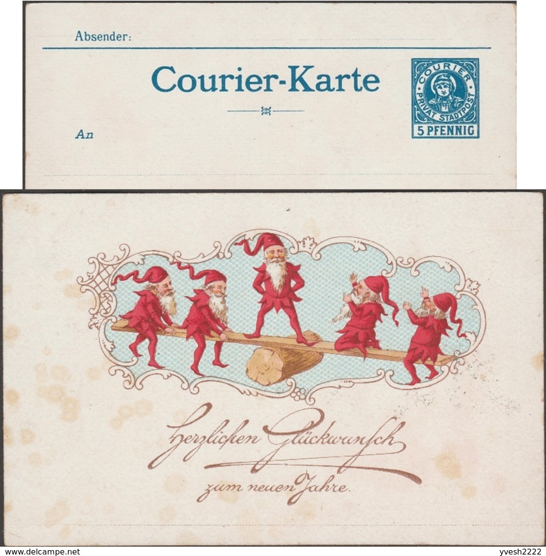 Munchen 1896. Poste Privée Courier De Munich. Cinq Nains Faisant De La Balançoire Avec Une Planche Et Un Tronc D'arbre - Bières