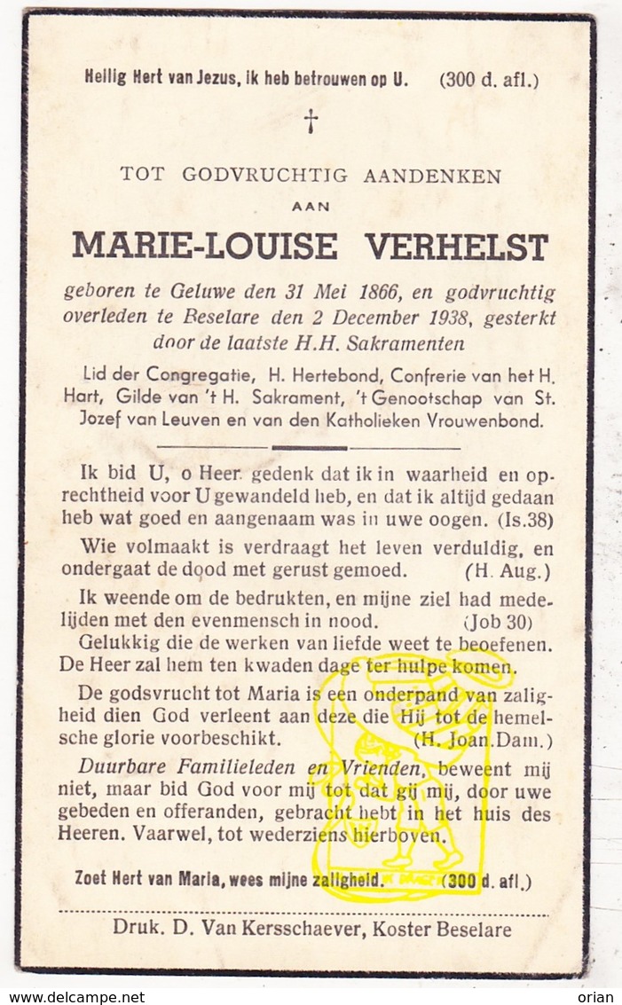 DP Marie L. Verhelst ° Geluwe Wervik 1866 † Beselare Zonnebeke 1938 - Images Religieuses