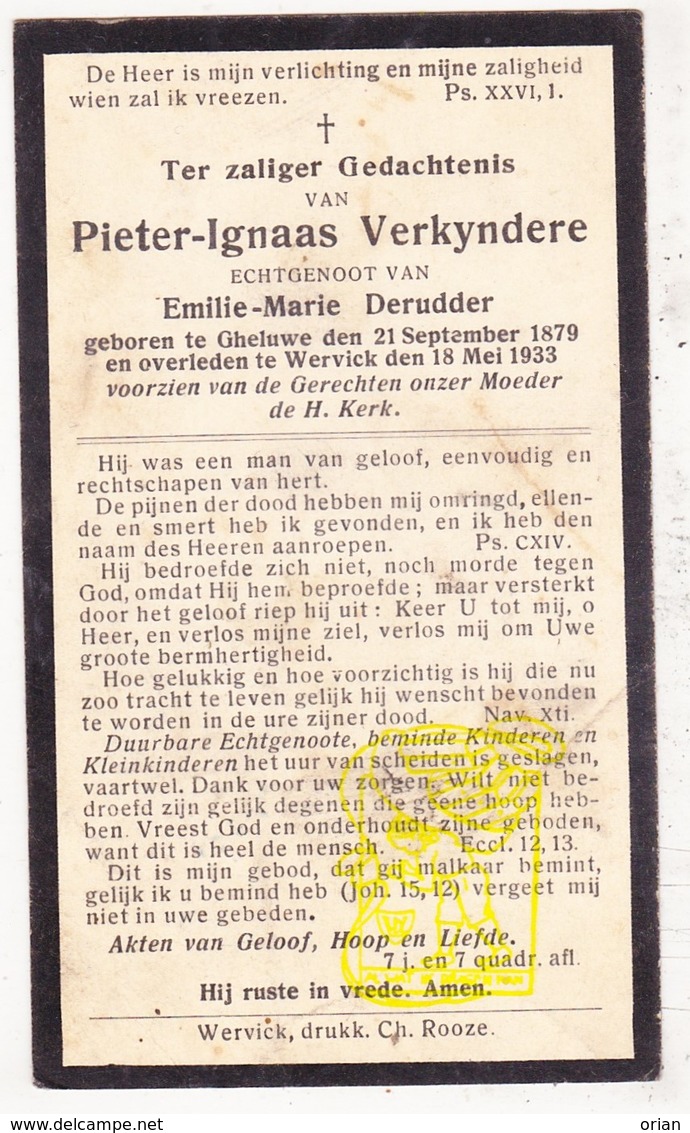 DP Pieter Ignaas Verkyndere ° Geluwe 1879 † Wervik 1933 X Emilie M. DeRudder - Images Religieuses