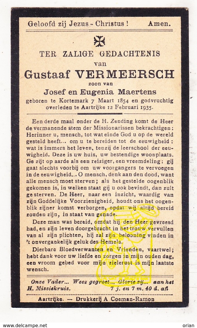 DP Gustaaf Vermeersch / Maertens ° Kortemark 1854 † Aartrijke Zedelgem 1935 - Images Religieuses