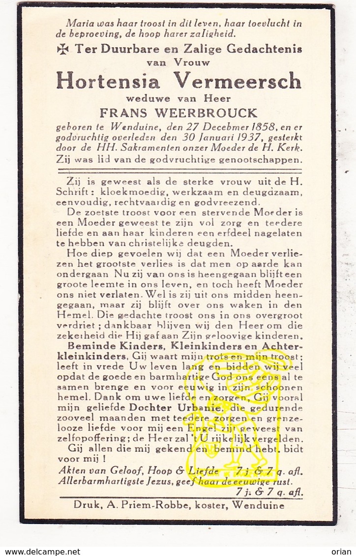 DP Hortensia Vermeersch ° Wenduine De Haan 1858 † 1937 X F. Weerbrouck Werbrouck - Images Religieuses