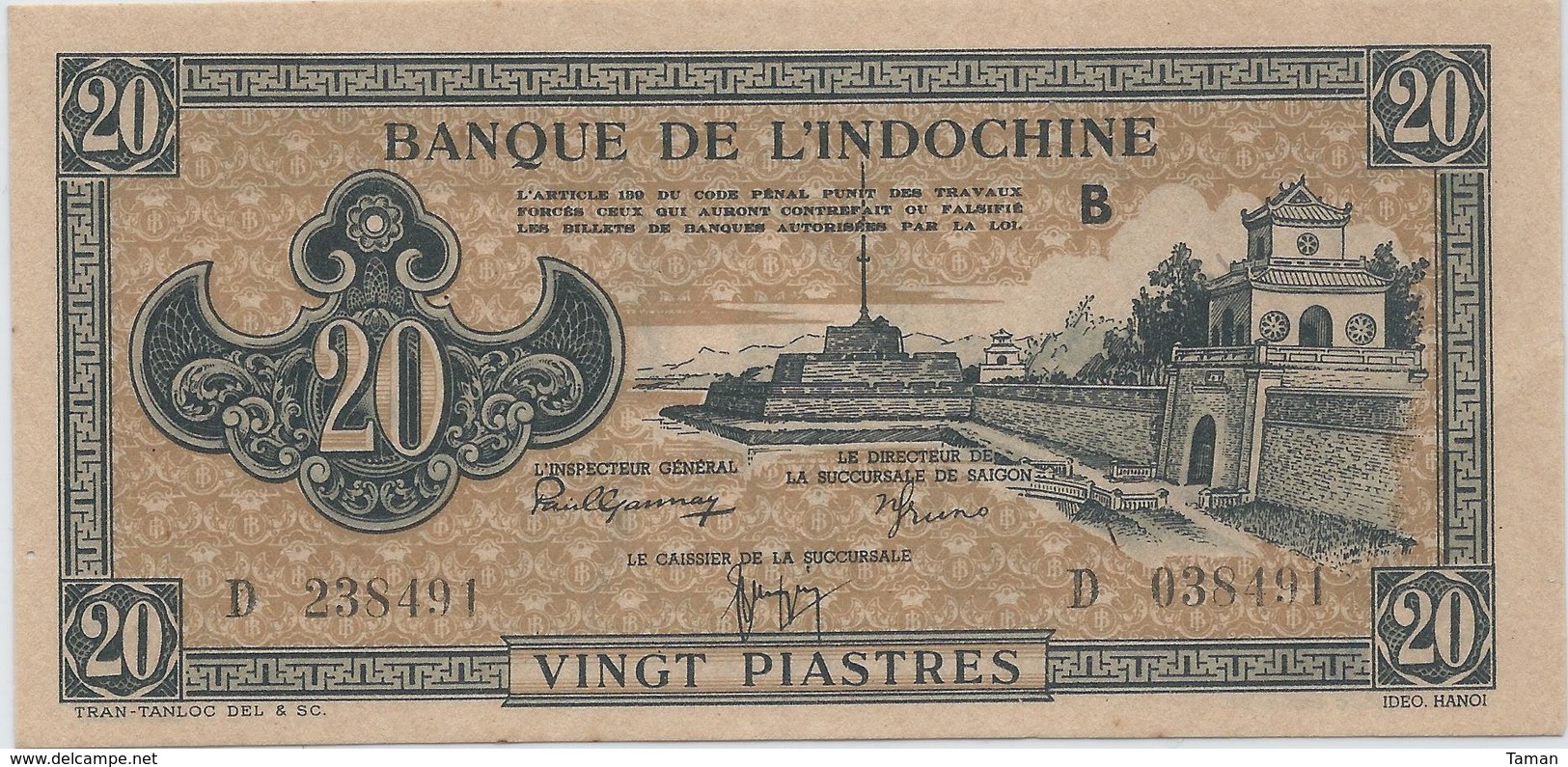 INDOCHINE  20 Piastres Nd(1942)  -- UNC -- - Indochine