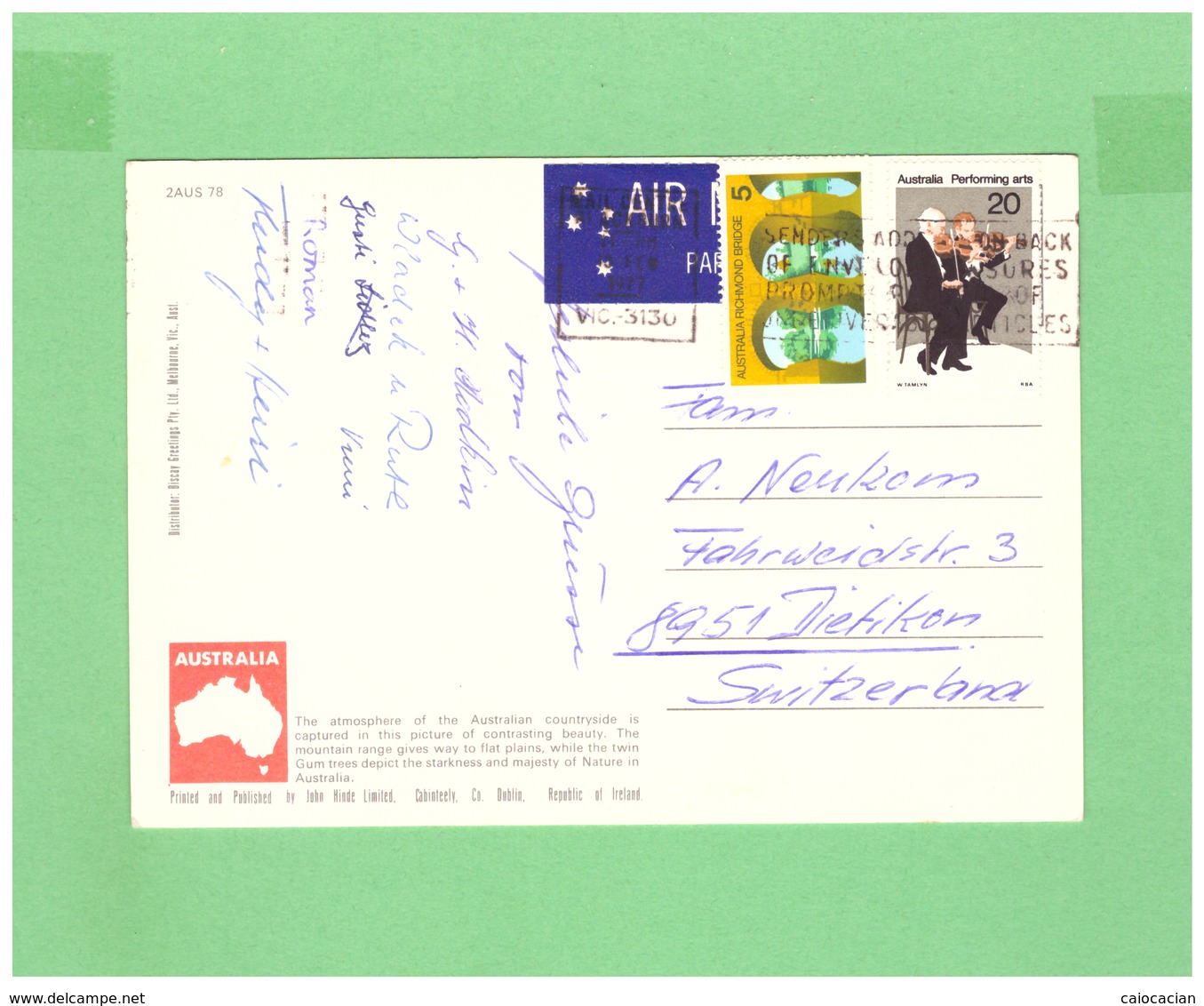 1977 AUSTRALIA AIR-MAIL POSTCARD WITH 2 STAMPS TO SWISS - Storia Postale