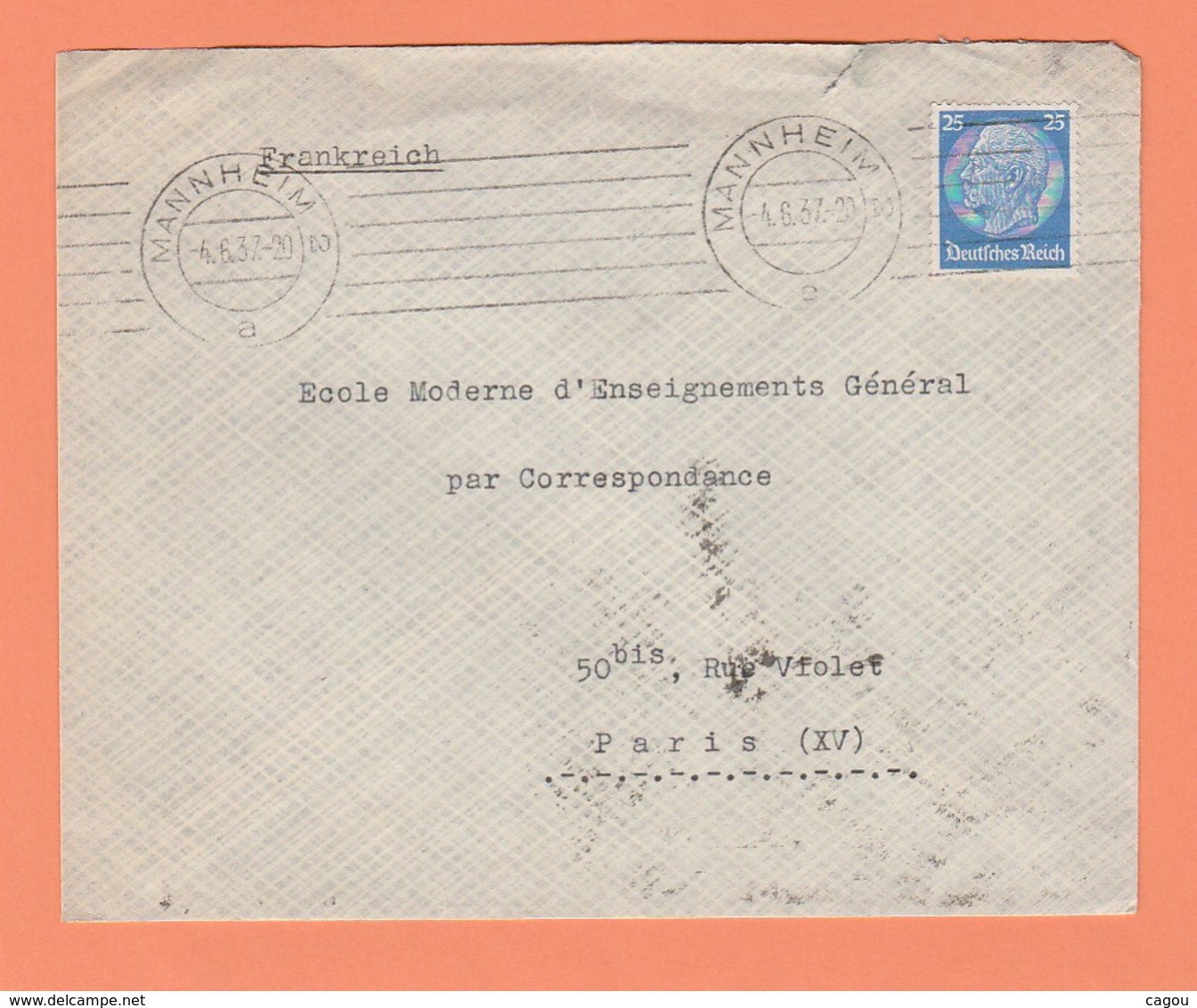 LETTRE ALLEMAGNE DE L'AGENCE CONSULAIRE DE FRANCE à MANNHEIM  POUR PARIS DE 1937 - Lettres & Documents