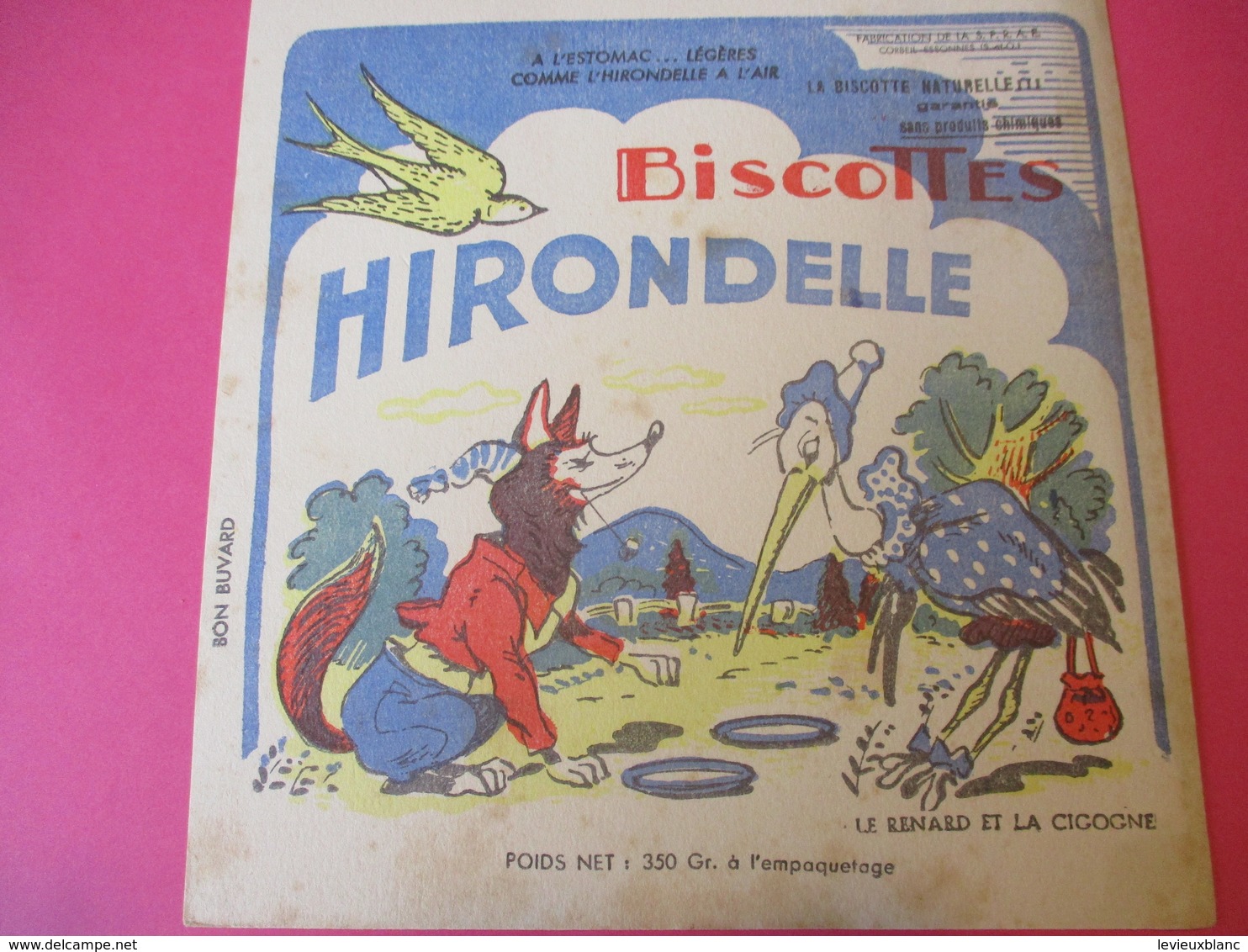 Buvard/Biscottes/HIRONDELLE/La Biscotte Naturelle/Le Renard Et La Cigogne  / SPRAE/CORBEIL-ESSONNES/Vers 1940-60  BUV427 - Bizcochos