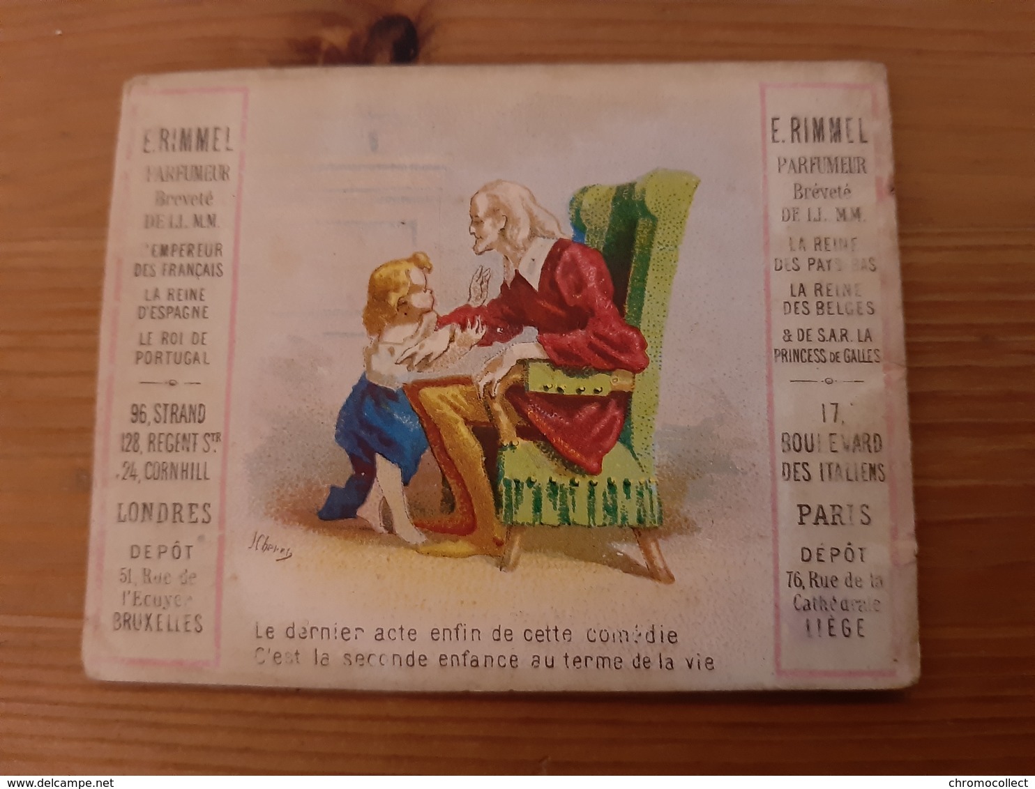 chromo almanac calendrier 1868 Rimmel parfumeur les sept ages de Shakespeare Londres Paris rue de l'Ecuyer 51 Bruxelles