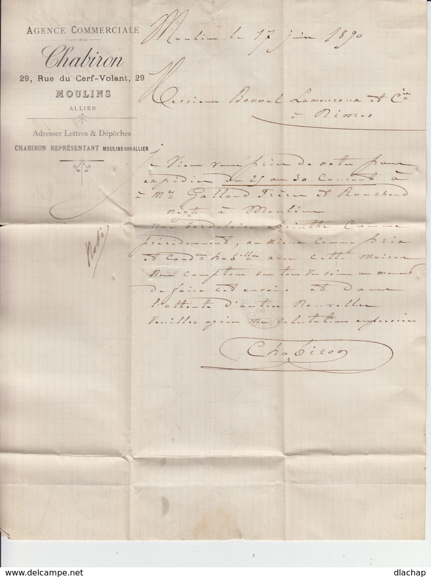 Sur Lettre AC Pour Nîmes Type Sage 15 C. Bleu CAD Moulins 1890.(1113x) - 1877-1920: Période Semi Moderne