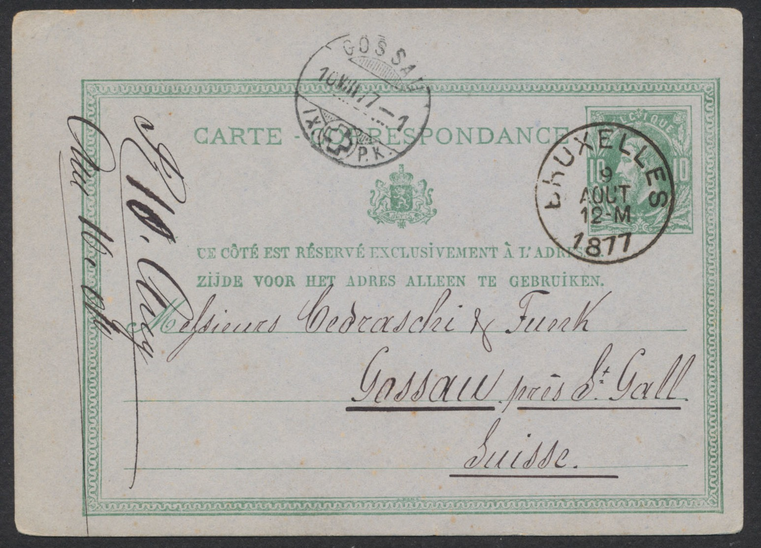 EP Au Type 10ctm Vert Obl Simple Cercle "Bruxelles" (1877) Vers Gossau Près St-Gall (Suisse) - Cartes Postales 1871-1909