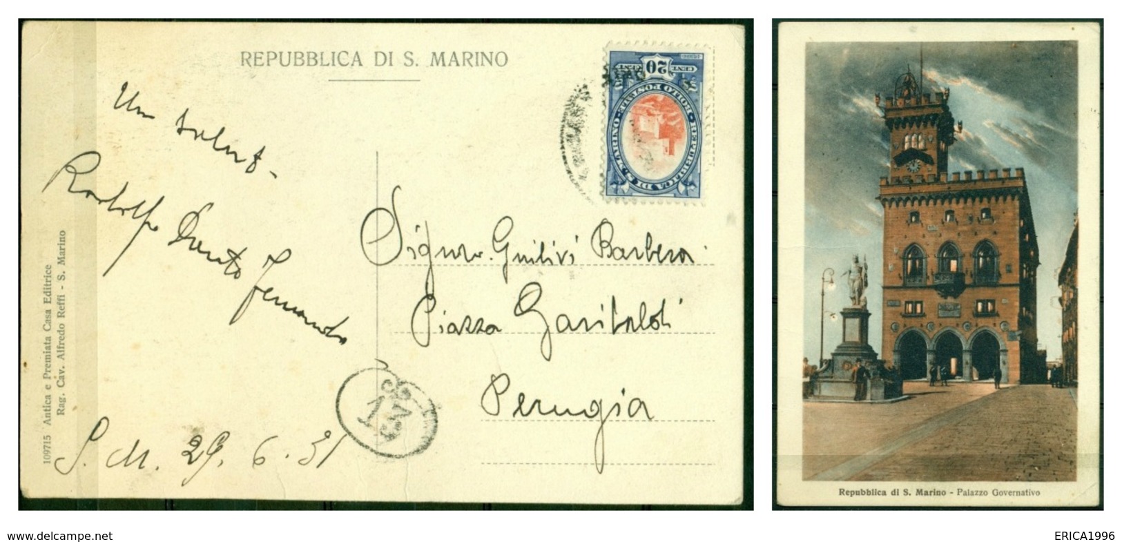 V6750 SAN MARINO 1931 Cartolina Illustrata Affrancata Con Vedute 20 C., 29.6.31 Per Perugia, Ottime Condizioni - Lettres & Documents