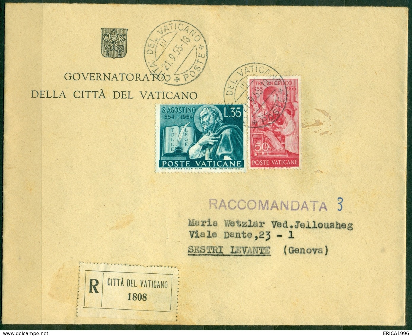 V6930 CITTÀ DEL VATICANO 1955 Raccomandata Con S. Agostino 35 L. E Fra Angelico 50 L., Da CV 21.9.55 Per Sestri Levante, - Storia Postale